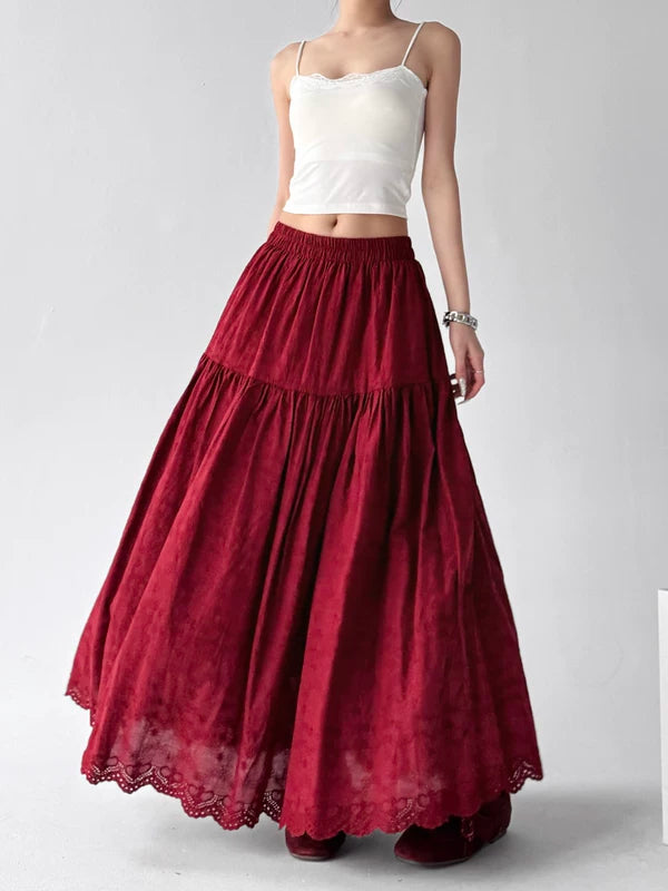 Elastic Waist A-Line Lace Maxi Skirt 3
