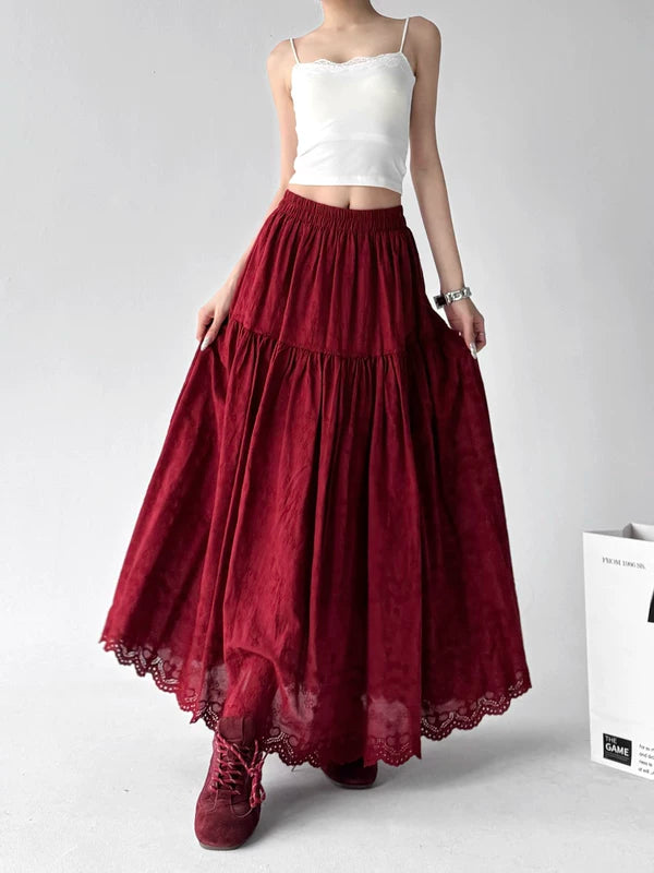 Elastic Waist A-Line Lace Maxi Skirt 5