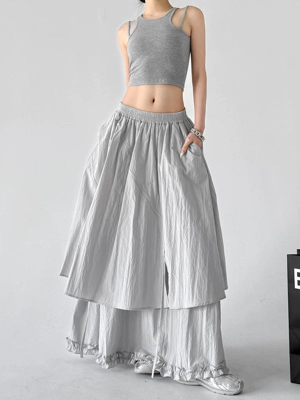 Elastic Waist Layered A-Line Maxi Skirt 2