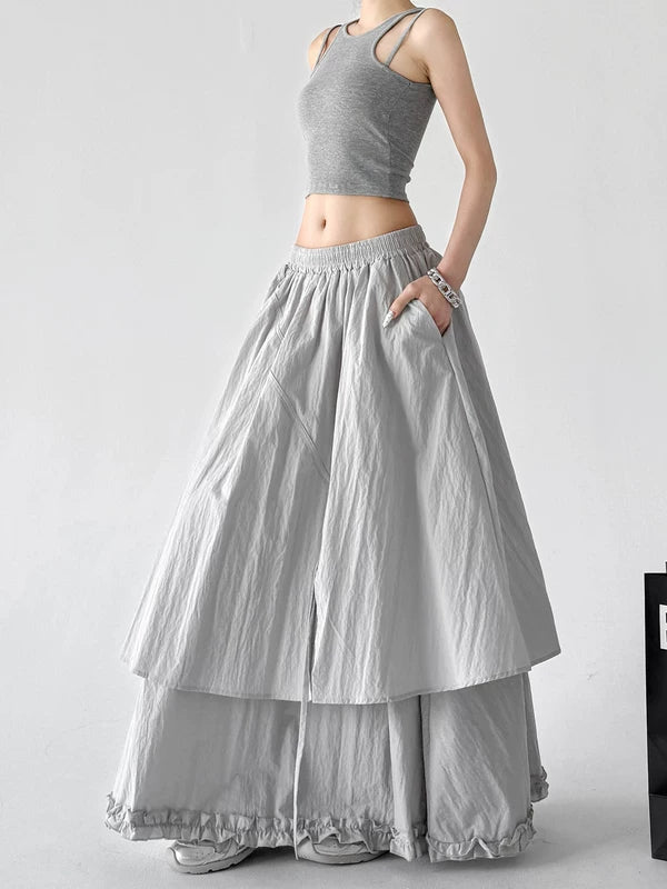 Elastic Waist Layered A-Line Maxi Skirt 4