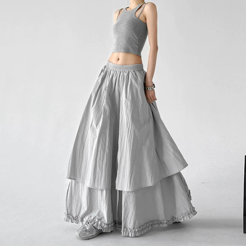 6044516945896, Elastic Waist Layered A-Line Maxi Skirt