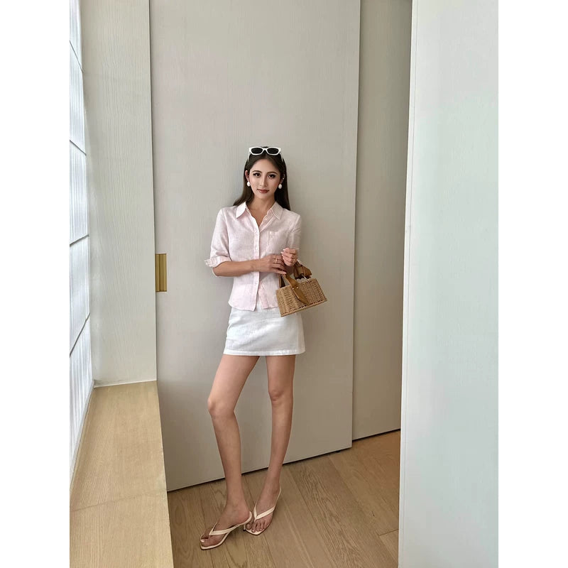 6031872325355,6031872325356,6031872325357,6031872325358, Elastic Waist Ramie Bodycon Mini Skirt