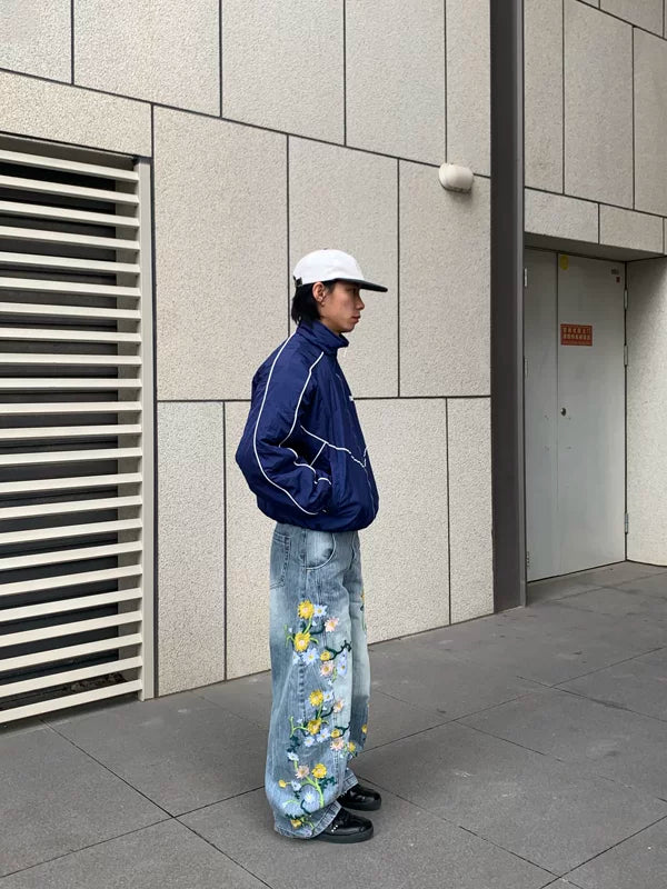 Embroidered Floral Wide Leg Jeans Pants 3