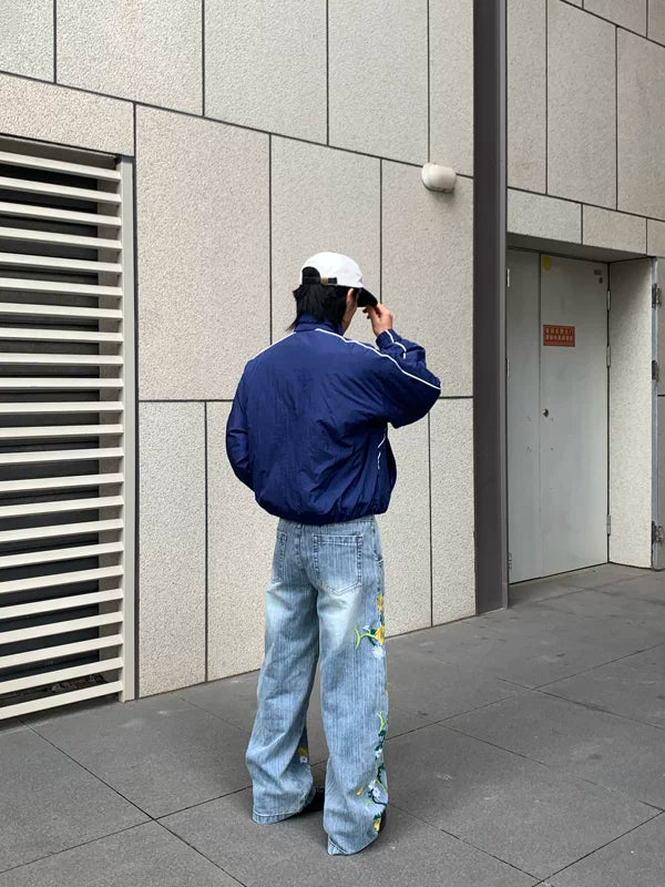 Embroidered Floral Wide Leg Jeans Pants 5