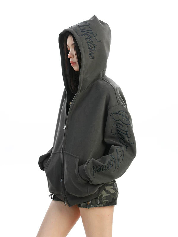 Embroidered Letter Zip Up Hooded Sweatshirt 2