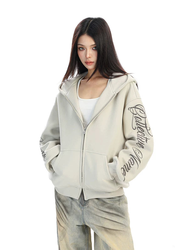 Embroidered Letter Zip Up Hooded Sweatshirt 3