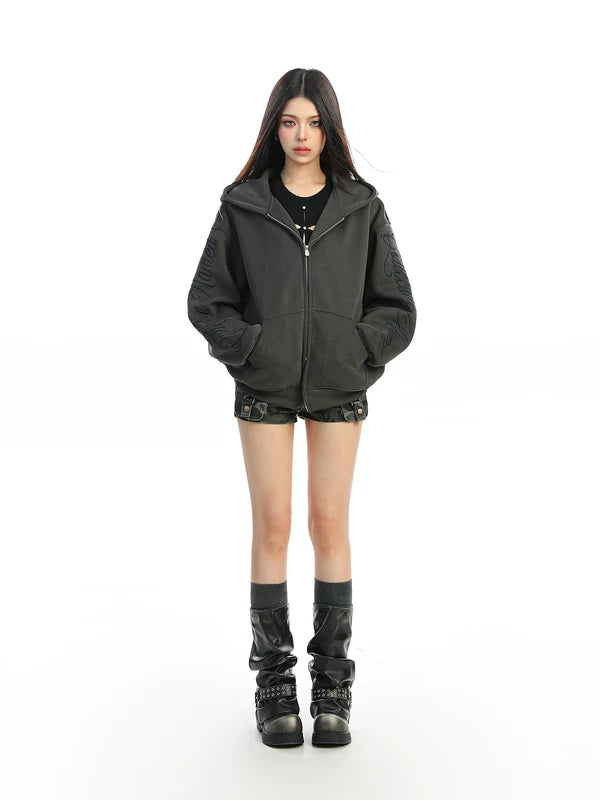 Embroidered Letter Zip Up Hooded Sweatshirt 4