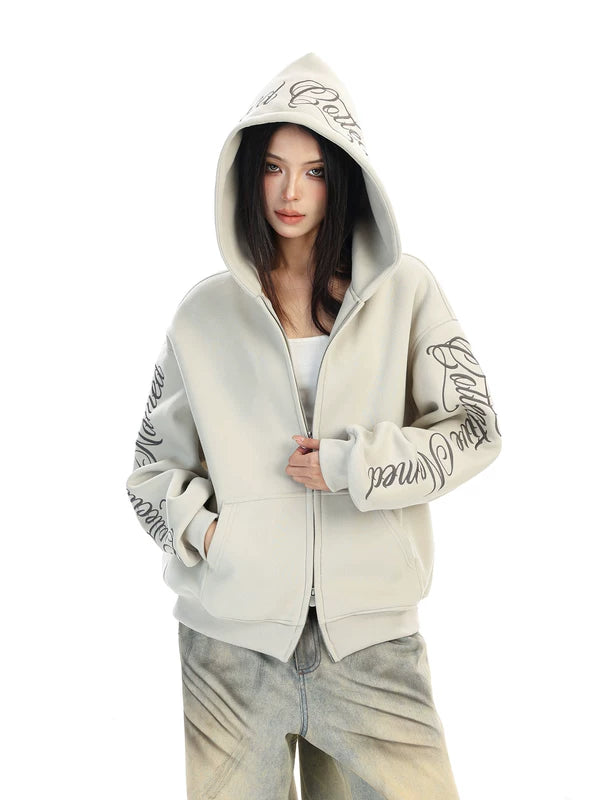 Embroidered Letter Zip Up Hooded Sweatshirt 5