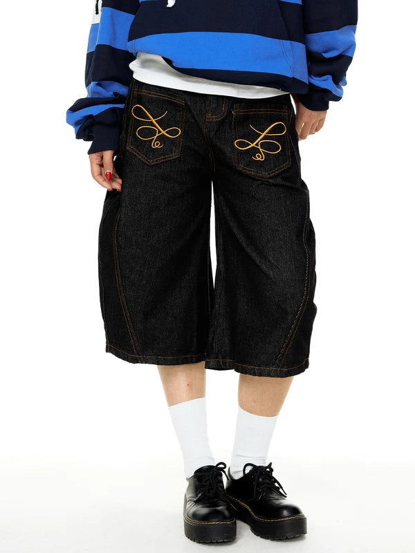 ,6212155147058,6212155147059,6212155147060,6212155147061, Embroidered Loose Fit Cropped Denim Pants