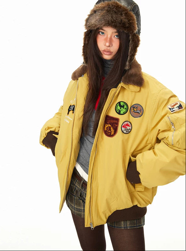 ,1627207:15409374,5970482449135,1627207:15409374,5970482449134,1627207:15409374,5970482449136,5970482449135,5970482449134,5970482449136, Embroidered Patch Flight Jacket with Fur Collar