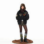 Embroidered Patch Flight Jacket with Fur Collar 5