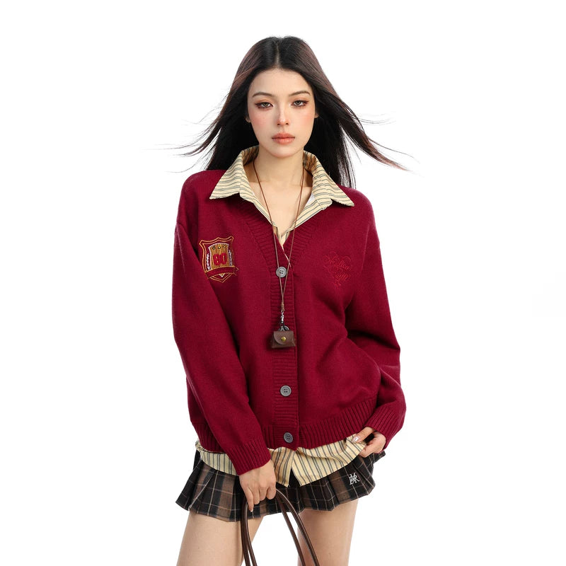 Embroidered Preppy Striped Collar Cardigan Sweater 3