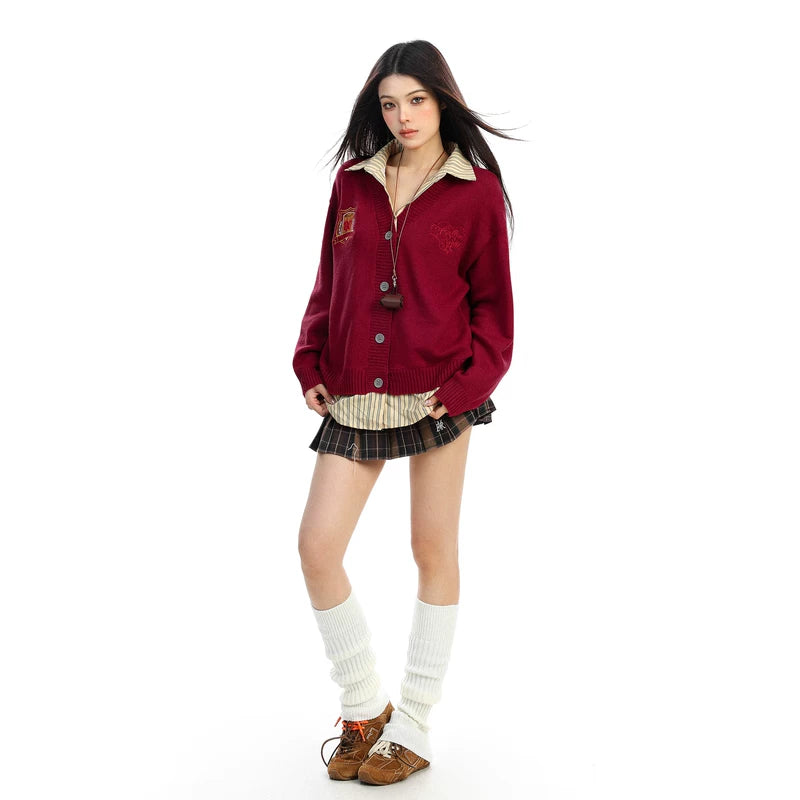 Embroidered Preppy Striped Collar Cardigan Sweater 4