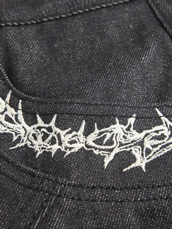 Embroidered Raw Denim Flared Jeans Pants 3