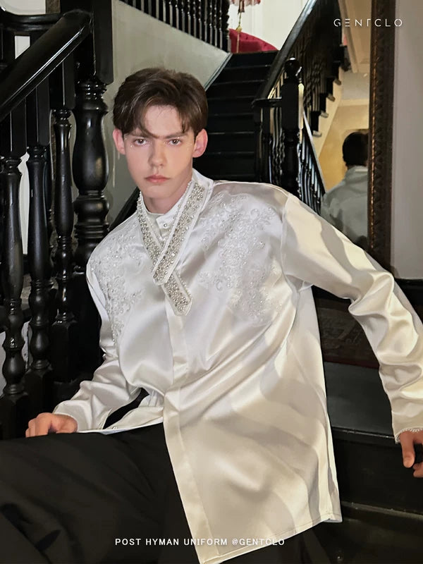 Embroidered Satin Stand Collar Dress Shirt 2