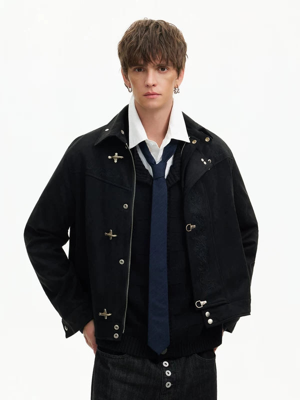 Embroidered Stand Collar Short Leather Jacket 2