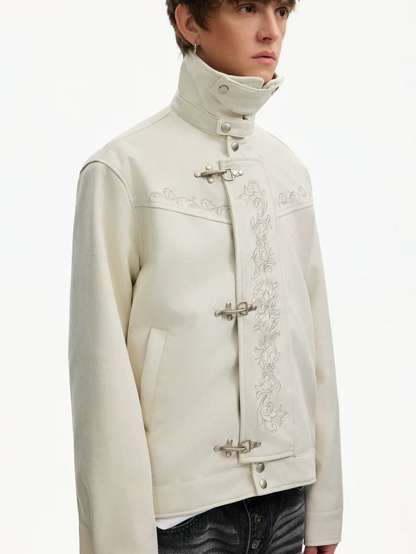 Embroidered Stand Collar Short Leather Jacket 4