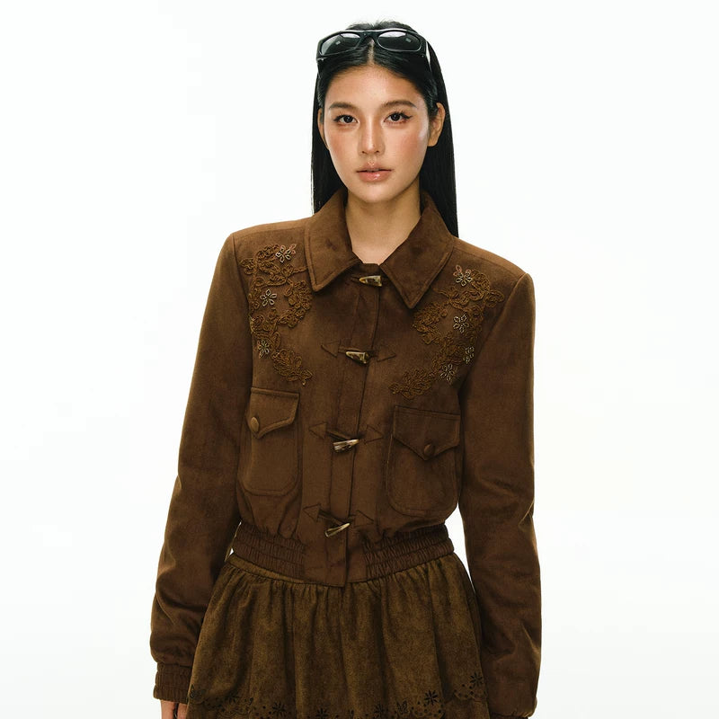Embroidered Toggle Front Suede Short Jacket 2