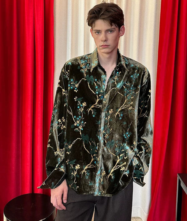 Embroidered Velvet Floral Chinese Style Shirt 2
