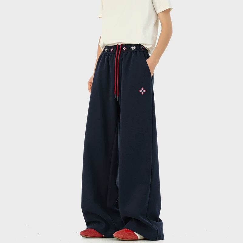 6012186521383,6012186521384,6012186521385,6012186521386,6012186521387, Embroidered Wide-Leg Drawstring Sweatpants