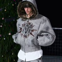 هودي جرافيك مزود بغطاء رأس من الفرو الصناعي القابل للعكس 