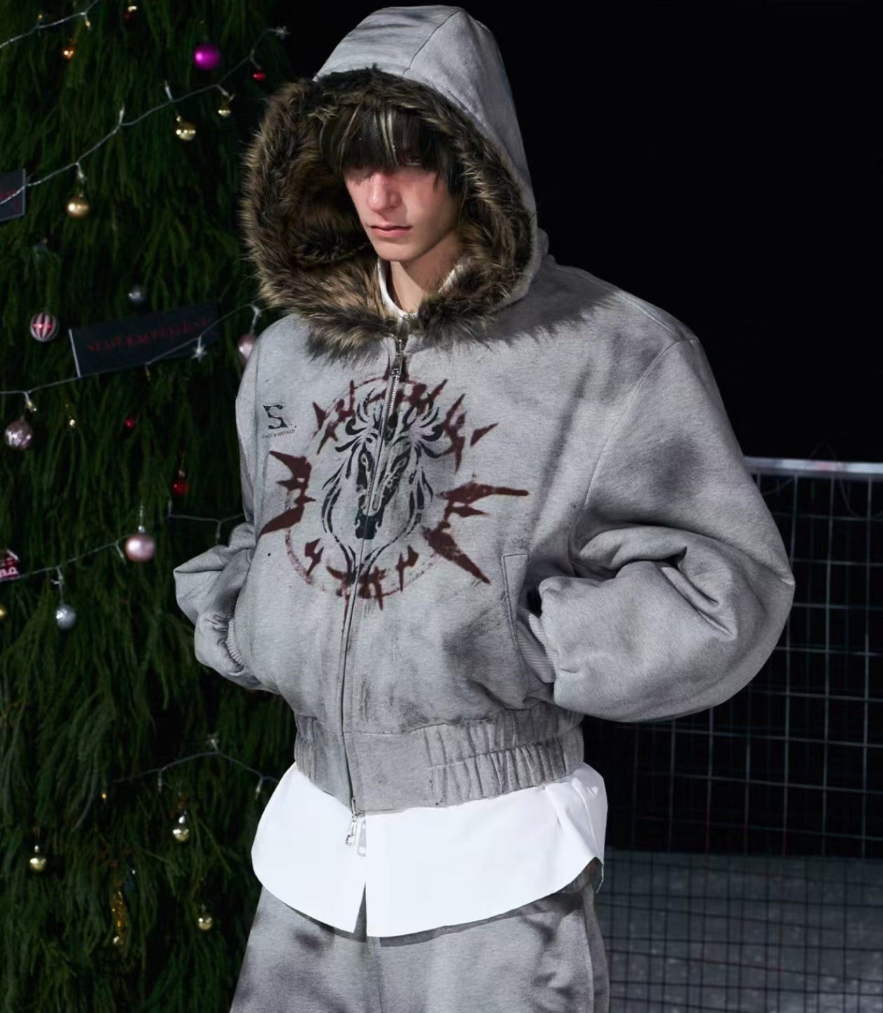 양면 후드형 인조 모피 그래픽 후드티 