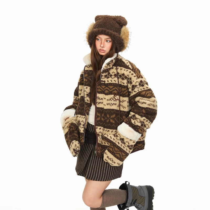 Fair Isle Fleece Winter Jacket with Mittens 2