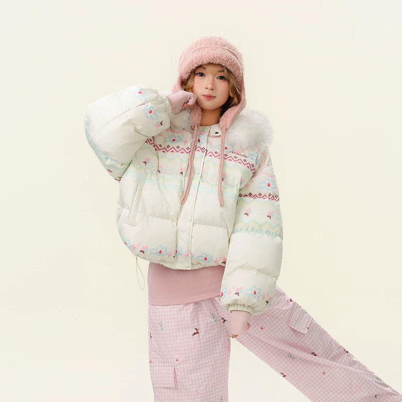 Fair Isle Snowflake Puffer Jacket with Fur Collar 2