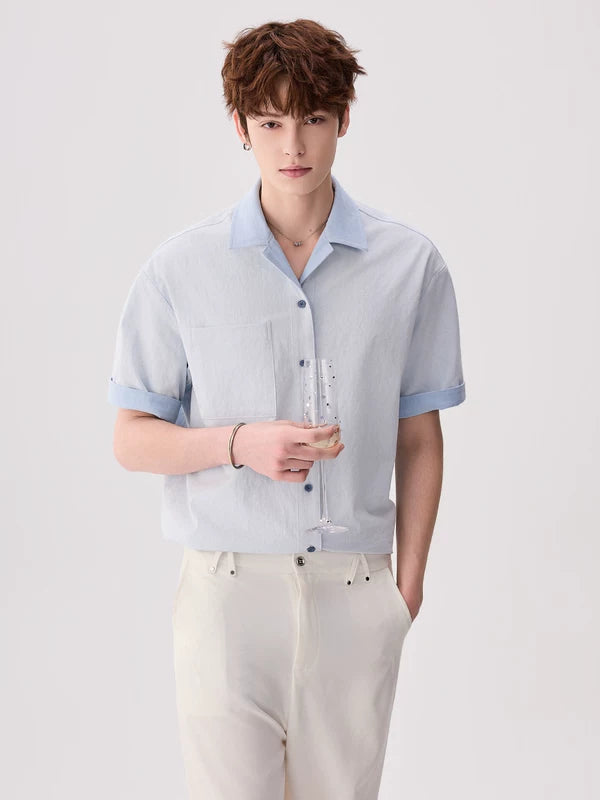 Faux Denim Two-Tone Cuban Collar Shirt 2