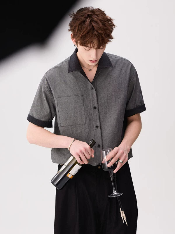 Faux Denim Two-Tone Cuban Collar Shirt 4