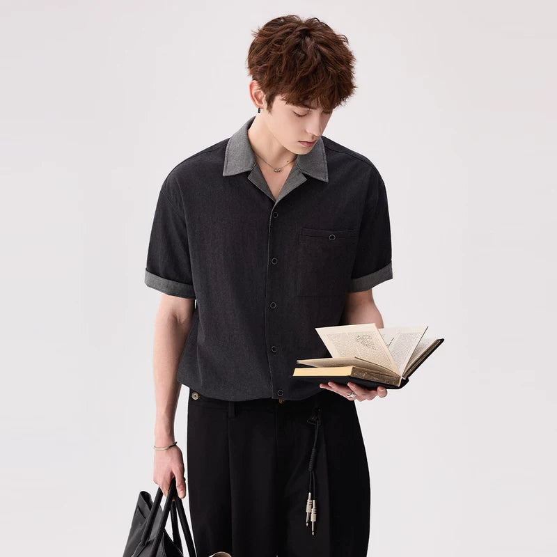 6202763783837,6202763783839,6202763783841,6202763783843, Faux Denim Two-Tone Cuban Collar Shirt