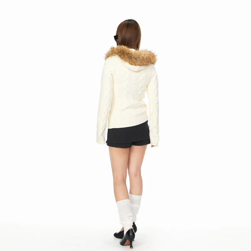 Faux Fur Hooded Cable Knit Cardigan 4