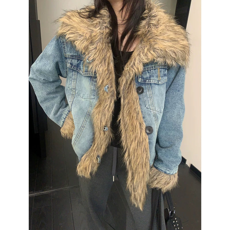 Faux Fur Trim Patchwork Denim Jacket 5