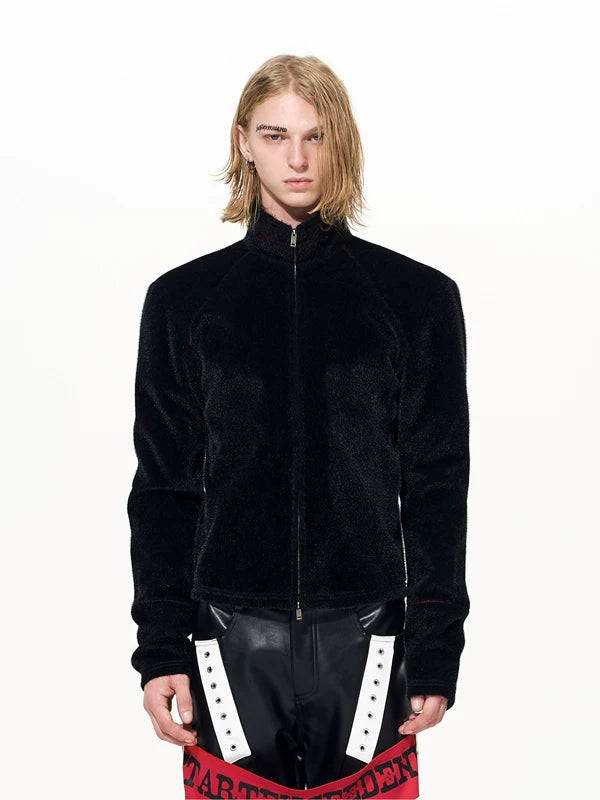 Faux Horsehair Stand Collar Zip Jacket 2