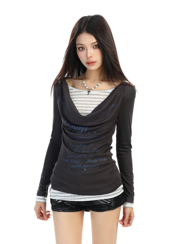 6027284973682,6027284973683,6027284973684, Faux Layered Cowl Neck Long Sleeve Shirt