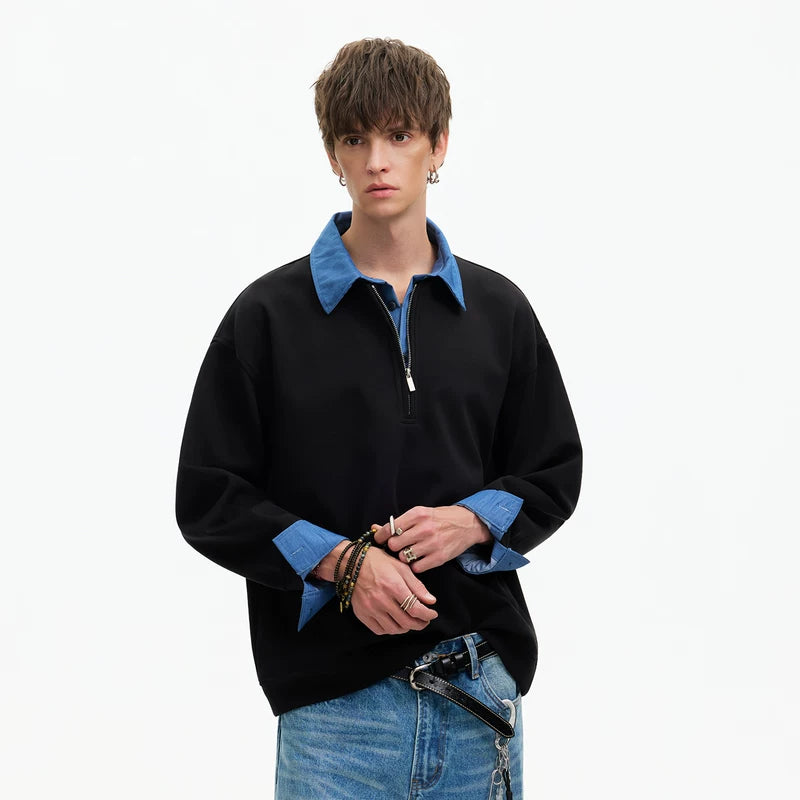 6192924863152,6192924863153,6192924863154,6192924863155, Faux Layered Half Zip Shirt Sweatshirt