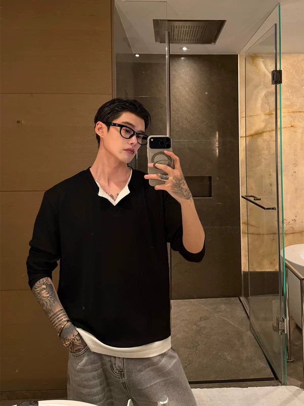 Faux Layered Long Sleeve Casual T-Shirt 2