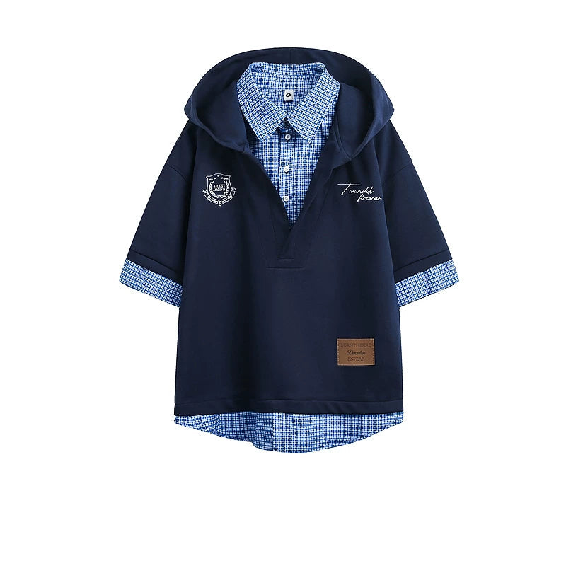 6024284857085,6024284857086,6024284857087,6024284857088, Faux Layered Plaid Patchwork Hooded Shirt