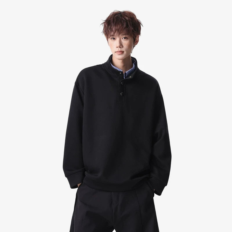 6002083680526,6002083680527,6002083680528,6002083680529,6002083680530,6002083680531,6002083680532, Faux Layered Stand Collar Pullover Hoodie