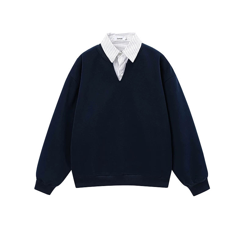 6172849250240,6172849250241,6172849250242,6172849250243, Faux Layered Striped Collar Pullover Hoodie