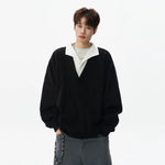 6021628037486,6021628037487,6021628037488,6021628037489, Faux Layered Textured V-Neck Hoodie