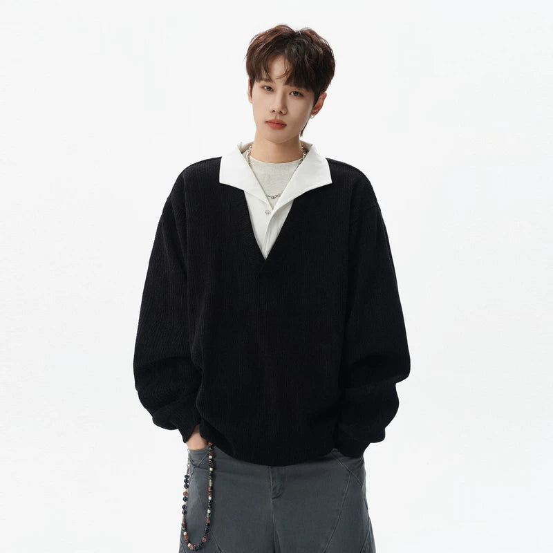 6021628037486,6021628037487,6021628037488,6021628037489, Faux Layered Textured V-Neck Hoodie