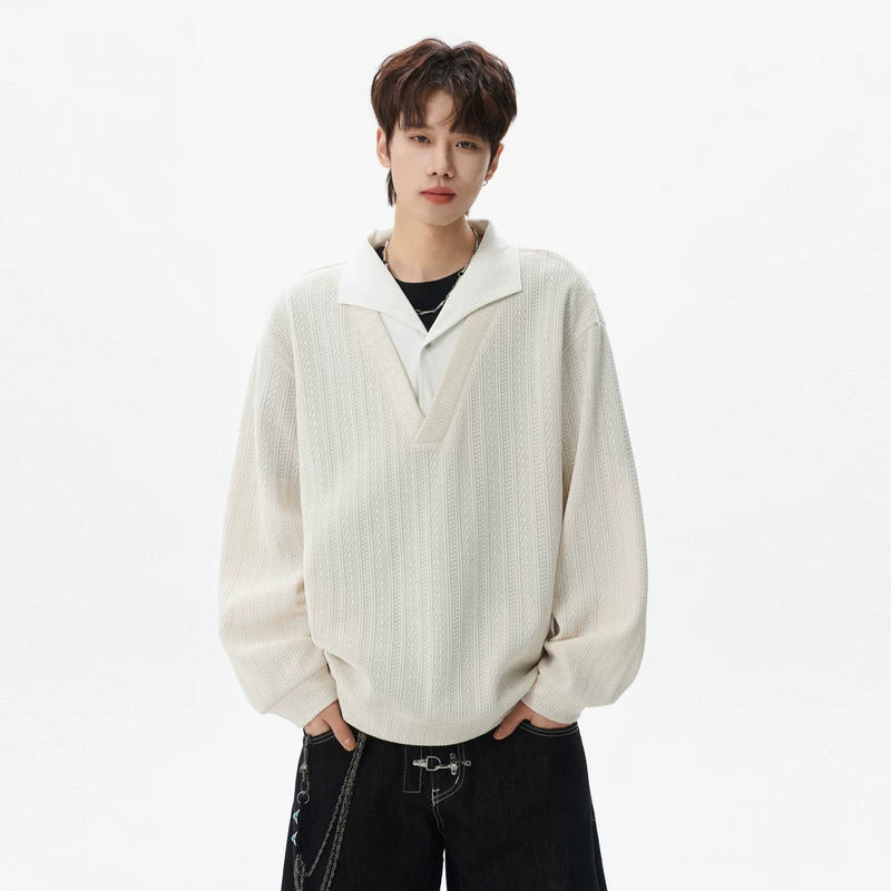 6021628037494,6021628037495,6021628037496,6021628037497, Faux Layered Textured V-Neck Hoodie