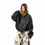 Faux Leather Bomber Jacket with Fur Collar 2