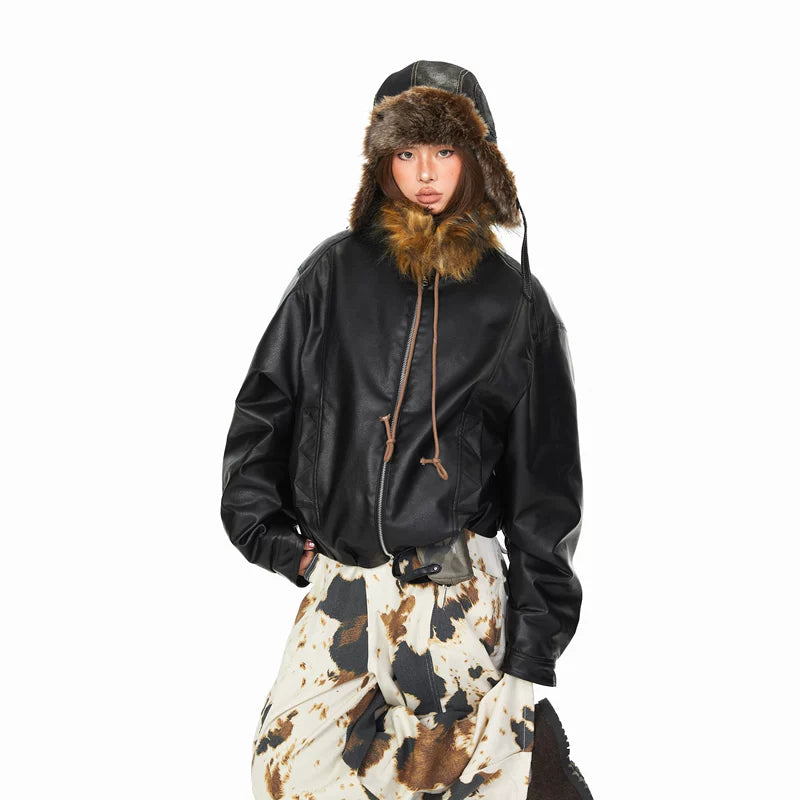 Faux Leather Bomber Jacket with Fur Collar 3