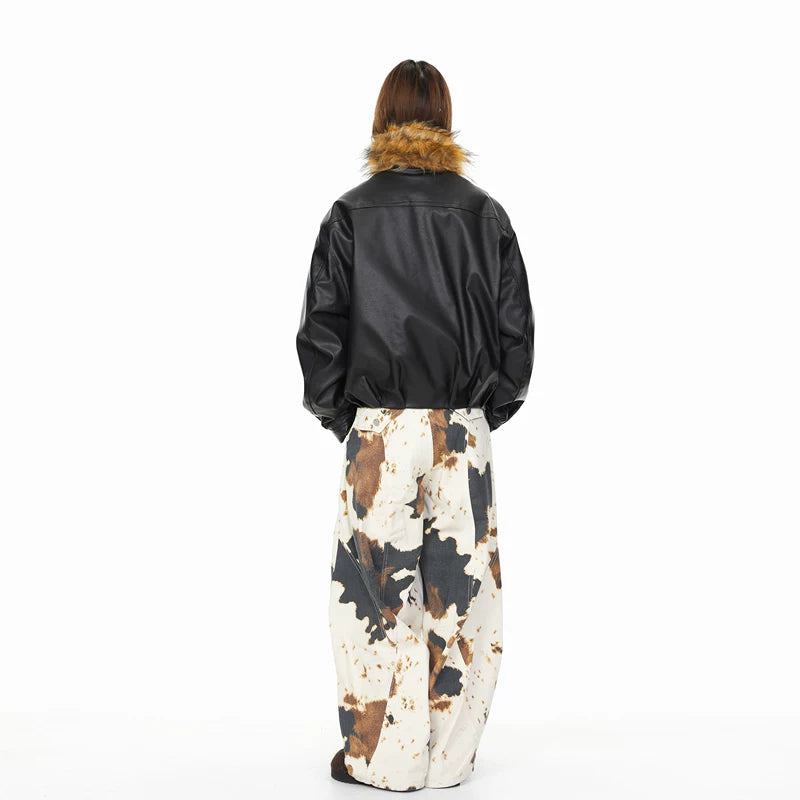 Faux Leather Bomber Jacket with Fur Collar 4