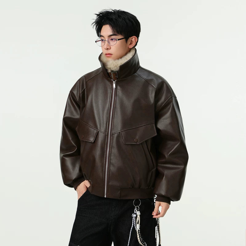 Faux Leather Fleece-Lined Winter Jacket 3