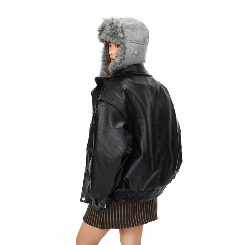 Faux Leather Fur Collar Puffer Jacket 3