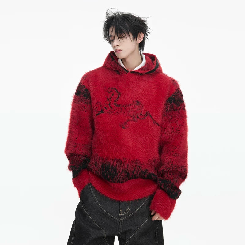 Faux Mink Fur Horse Graphic Hooded Sweater 2