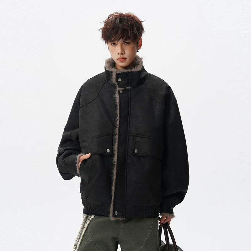 Faux Shearling Lined Retro Loose Jacket 5